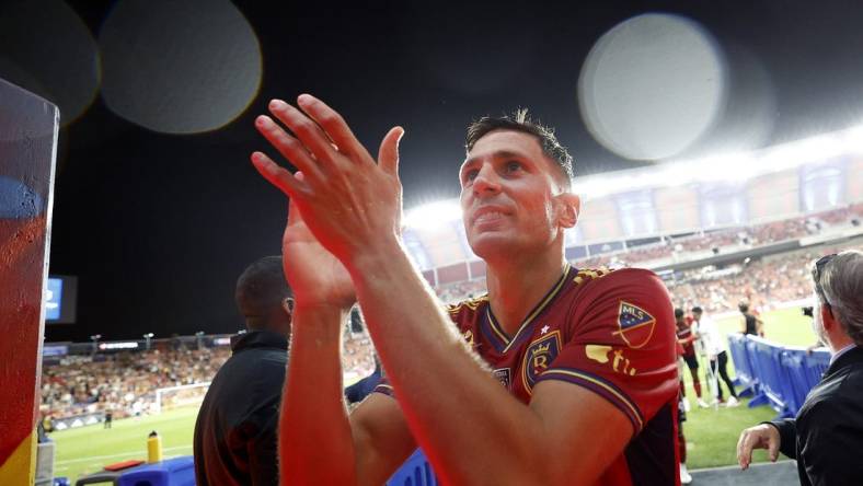 Sep 2, 2023; Sandy, Utah, USA; Real Salt Lake midfielder Damir Kreilach (8) celebrates after their 2-0 win against the Colorado Rapids at America First Field. Mandatory Credit: Jeff Swinger-USA TODAY Sports