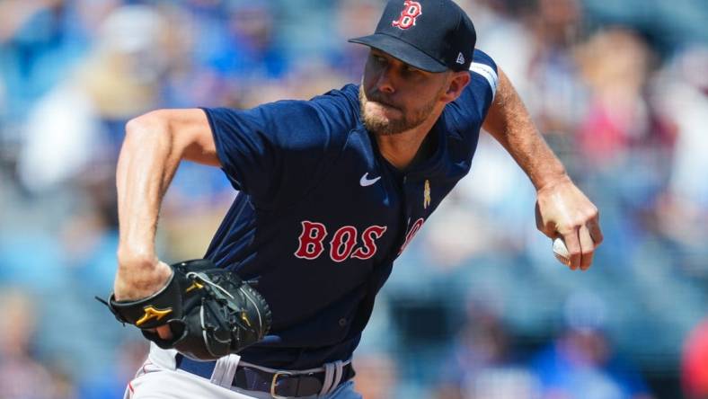 Sep 3, 2023; Kansas City, Missouri, USA; Boston Red Sox starting pitcher Chris Sale (41) pitches during the first inning against the Kansas City Royals at Kauffman Stadium. Mandatory Credit: Jay Biggerstaff-USA TODAY Sports