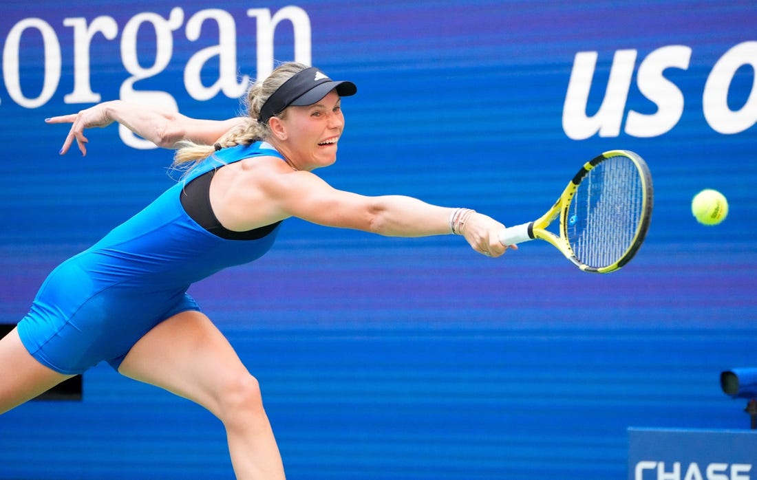 Sept 3, 2023; Flushing, NY, USA; Caroline Wozniacki of Denmark can t get toa return from Coco Gauff of the USA on day seven of the 2023 U.S. Open tennis tournament at USTA Billie Jean King National Tennis Center. Mandatory Credit: Robert Deutsch-USA TODAY Sports