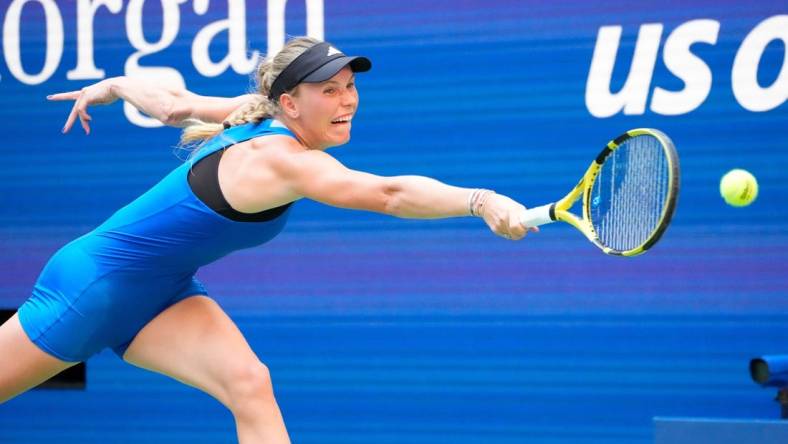 Sept 3, 2023; Flushing, NY, USA; Caroline Wozniacki of Denmark can t get toa return from Coco Gauff of the USA on day seven of the 2023 U.S. Open tennis tournament at USTA Billie Jean King National Tennis Center. Mandatory Credit: Robert Deutsch-USA TODAY Sports