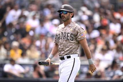 Sep 3, 2023; San Diego, California, USA; San Diego Padres first baseman Matt Carpenter (14) looks on after striking out against the San Francisco Giants during the sixth inning at Petco Park. Mandatory Credit: Orlando Ramirez-USA TODAY Sports