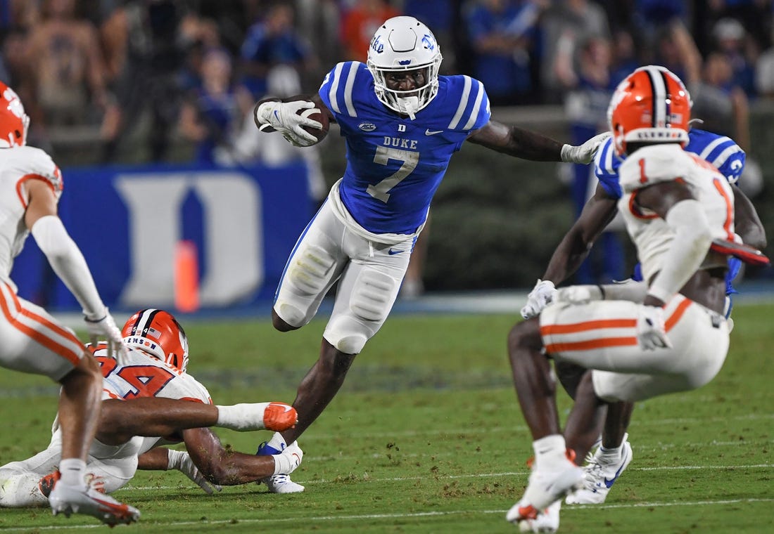 Sep 4, 2023; Durham, North Carolina, USA; Duke Blue Devils running back Jordan Waters (7) runs during the second quarter against the Clemson Tigers at Wallace Wade Stadium in Durham, N.C.  Mandatory Credit: Ken Ruinard-USA TODAY Sports