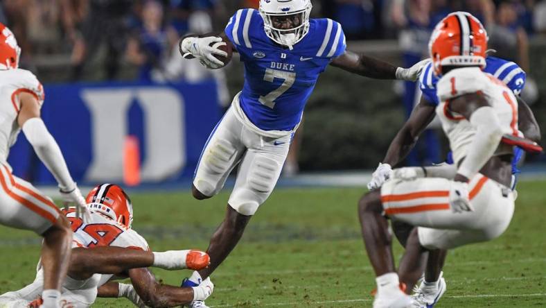 Sep 4, 2023; Durham, North Carolina, USA; Duke Blue Devils running back Jordan Waters (7) runs during the second quarter against the Clemson Tigers at Wallace Wade Stadium in Durham, N.C.  Mandatory Credit: Ken Ruinard-USA TODAY Sports