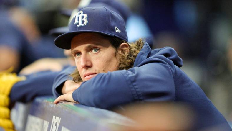 Sep 7, 2023; St. Petersburg, Florida, USA;  Tampa Bay Rays starting pitcher Tyler Glasnow (20) looks on from the dugout against the Seattle Mariners in the fifth inning at Tropicana Field. Mandatory Credit: Nathan Ray Seebeck-USA TODAY Sports