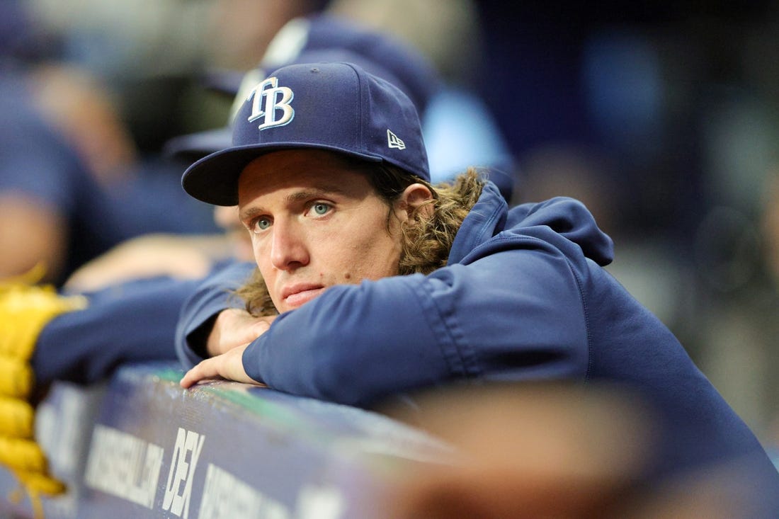 Sep 7, 2023; St. Petersburg, Florida, USA;  Tampa Bay Rays starting pitcher Tyler Glasnow (20) looks on from the dugout against the Seattle Mariners in the fifth inning at Tropicana Field. Mandatory Credit: Nathan Ray Seebeck-USA TODAY Sports