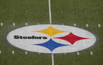 Sep 10, 2023; Pittsburgh, Pennsylvania, USA;  General view of the Steelers logo on the field field before the Pittsburgh Steelers host the San Francisco 49ers at Acrisure Stadium. Mandatory Credit: Charles LeClaire-USA TODAY Sports