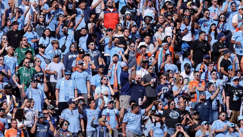 Sep 16, 2023; New York, New York, USA; Fans react during the first half between New York City FC and the New York Red Bulls at Yankee Stadium. Mandatory Credit: Brad Penner-USA TODAY Sports