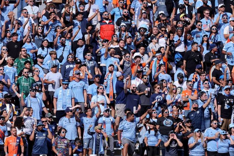 Sep 16, 2023; New York, New York, USA; Fans react during the first half between New York City FC and the New York Red Bulls at Yankee Stadium. Mandatory Credit: Brad Penner-USA TODAY Sports