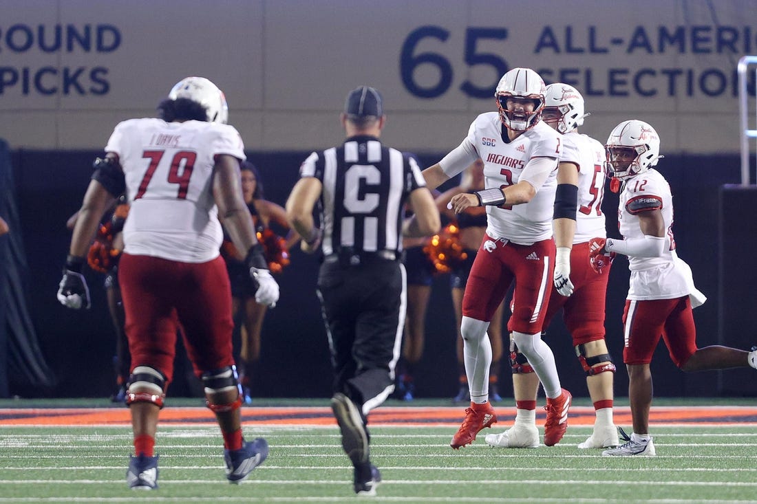 Sep 16, 2023; Stillwater, Oklahoma, USA; South Alabama Jaguars quarterback Carter Bradley (2) celebrates after a South Alabama touchdown during an NCAA football game between Oklahoma State and South Alabama at Boone Pickens Stadium. South Alabama won 33-7. Mandatory Credit: Bryan Terry-USA TODAY Sports