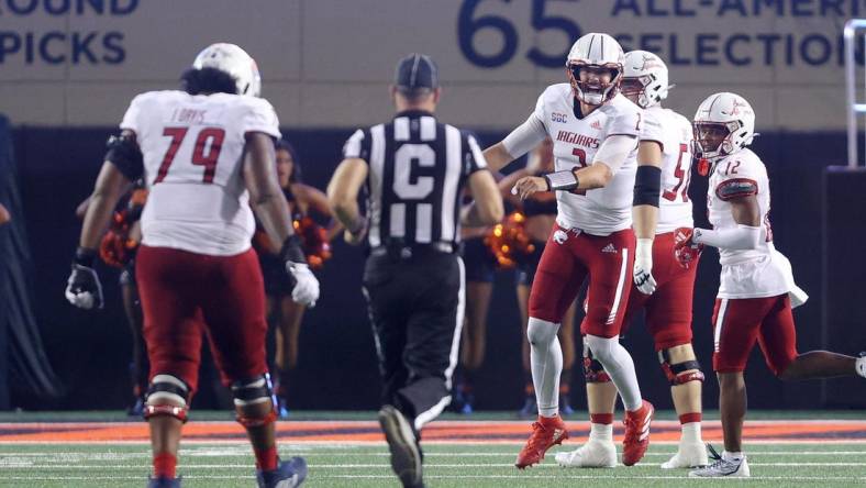 Sep 16, 2023; Stillwater, Oklahoma, USA; South Alabama Jaguars quarterback Carter Bradley (2) celebrates after a South Alabama touchdown during an NCAA football game between Oklahoma State and South Alabama at Boone Pickens Stadium. South Alabama won 33-7. Mandatory Credit: Bryan Terry-USA TODAY Sports