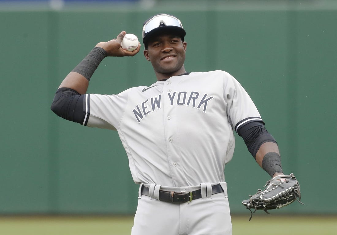 Sep 17, 2023; Pittsburgh, Pennsylvania, USA; New York Yankees center fielder Estevan Florial (90) warms up before the game against the Pittsburgh Pirates at PNC Park. Mandatory Credit: Charles LeClaire-USA TODAY Sports