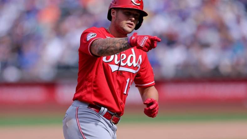 Sep 17, 2023; New York City, New York, USA; Cincinnati Reds left fielder Nick Senzel (15) rounds the bases after hitting a solo home run against the New York Mets during the fifth inning at Citi Field. Mandatory Credit: Brad Penner-USA TODAY Sports