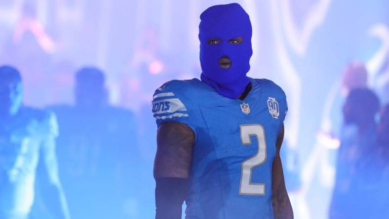 Sep 17, 2023; Detroit, Michigan, USA; Detroit Lions safety C.J. Gardner-Johnson (2) with a ski mask ready to take on the against Seattle Seahawks at Ford Field. Mandatory Credit: Junfu Han-USA TODAY Sports