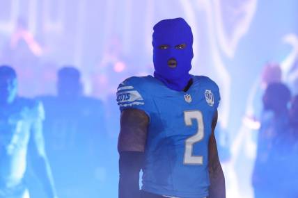 Sep 17, 2023; Detroit, Michigan, USA; Detroit Lions safety C.J. Gardner-Johnson (2) with a ski mask ready to take on the against Seattle Seahawks at Ford Field. Mandatory Credit: Junfu Han-USA TODAY Sports