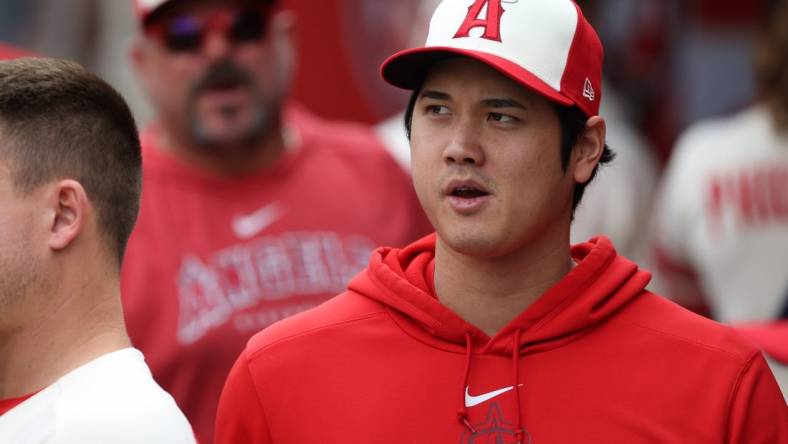 Sep 17, 2023; Anaheim, California, USA;  Los Angeles Angels two-way player Shohei Ohtani (17) in the dugout during the MLB game against the Detroit Tigers at Angel Stadium. Mandatory Credit: Kiyoshi Mio-USA TODAY Sports