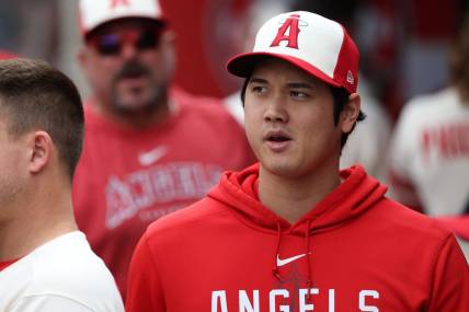 Sep 17, 2023; Anaheim, California, USA;  Los Angeles Angels two-way player Shohei Ohtani (17) in the dugout during the MLB game against the Detroit Tigers at Angel Stadium. Mandatory Credit: Kiyoshi Mio-USA TODAY Sports
