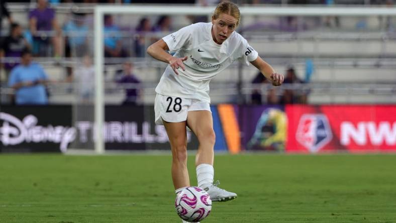 Sep 17, 2023; Orlando, Florida, USA; North Carolina Courage forward Tess Boade (28) controls the ball during the second half against the Orlando Pride at Exploria Stadium. Mandatory Credit: Mike Watters-USA TODAY Sports