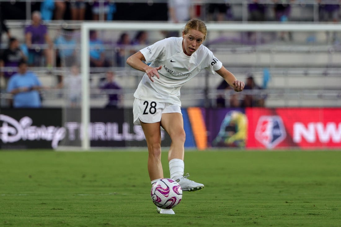 Sep 17, 2023; Orlando, Florida, USA; North Carolina Courage forward Tess Boade (28) controls the ball during the second half against the Orlando Pride at Exploria Stadium. Mandatory Credit: Mike Watters-USA TODAY Sports