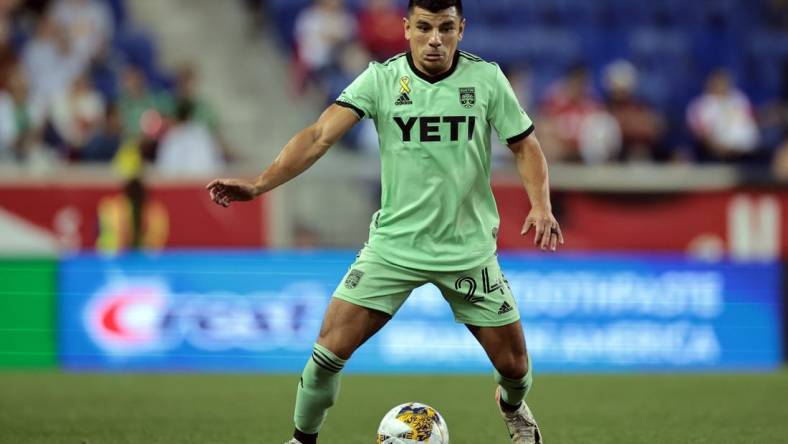 Sep 20, 2023; Harrison, New Jersey, USA; Austin FC defender Nick Lima (24) controls the ball in the first half against the New York Red Bulls at Red Bull Arena. Mandatory Credit: Vincent Carchietta-USA TODAY Sports