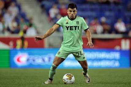 Sep 20, 2023; Harrison, New Jersey, USA; Austin FC defender Nick Lima (24) controls the ball in the first half against the New York Red Bulls at Red Bull Arena. Mandatory Credit: Vincent Carchietta-USA TODAY Sports