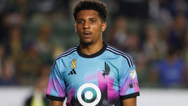 Sep 20, 2023; Carson, California, USA;  Minnesota United FC defender Ethan Bristow (5) reacts after getting a red card during the second half against Los Angeles Galaxy at Dignity Health Sports Park. Mandatory Credit: Kiyoshi Mio-USA TODAY Sports