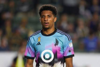 Sep 20, 2023; Carson, California, USA;  Minnesota United FC defender Ethan Bristow (5) reacts after getting a red card during the second half against Los Angeles Galaxy at Dignity Health Sports Park. Mandatory Credit: Kiyoshi Mio-USA TODAY Sports