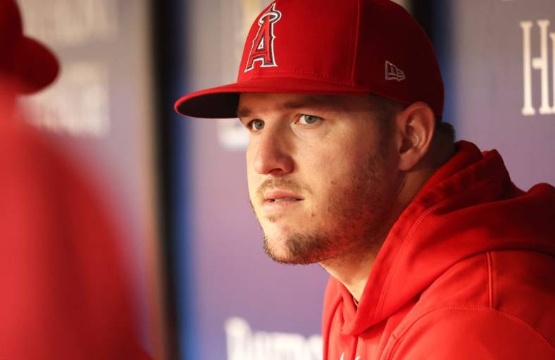 Sep 21, 2023; St. Petersburg, Florida, USA; Los Angeles Angels outfielder Mike Trout (27) looks on against the Tampa Bay Rays during the first inning at Tropicana Field. Mandatory Credit: Kim Klement Neitzel-USA TODAY Sports