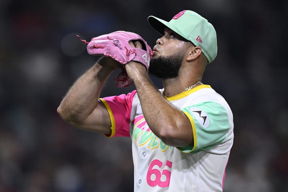 Sep 22, 2023; San Diego, California, USA; San Diego Padres relief pitcher Luis Garcia (66) reacts while walking to the dugout after a pitching change in the eighth inning against the St. Louis Cardinals at Petco Park. Mandatory Credit: Orlando Ramirez-USA TODAY Sports