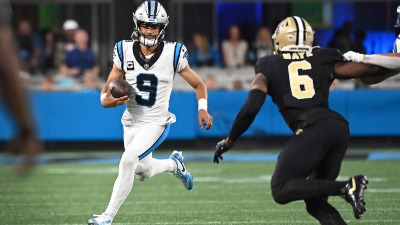 Sep 18, 2023; Charlotte, North Carolina, USA;  Carolina Panthers quarterback Bryce Young (9) looks to pass as New Orleans Saints safety Marcus Maye (6) defends in the first quarter at Bank of America Stadium. Mandatory Credit: Bob Donnan-USA TODAY Sports