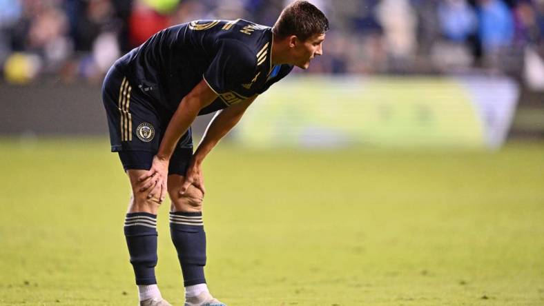 Sep 23, 2023; Philadelphia, Pennsylvania, USA; Philadelphia Union forward Chris Donovan (25) rests on his knees after a play against Los Angeles FC during the second half at Subaru Park. Mandatory Credit: Kyle Ross-USA TODAY Sports