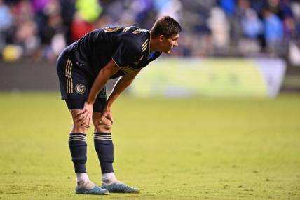 Sep 23, 2023; Philadelphia, Pennsylvania, USA; Philadelphia Union forward Chris Donovan (25) rests on his knees after a play against Los Angeles FC during the second half at Subaru Park. Mandatory Credit: Kyle Ross-USA TODAY Sports