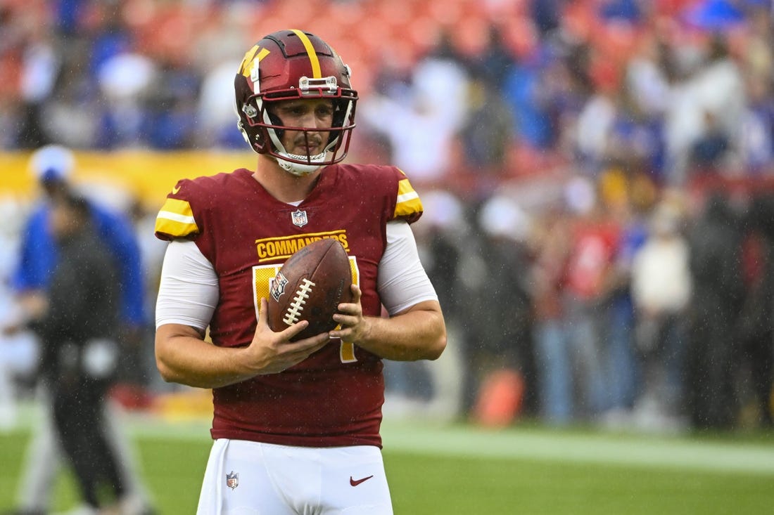 Sep 24, 2023; Landover, Maryland, USA; Washington Commanders long snapper Camaron Cheeseman (54) on the field before the game against the Buffalo Bills at FedExField. Mandatory Credit: Brad Mills-USA TODAY Sports