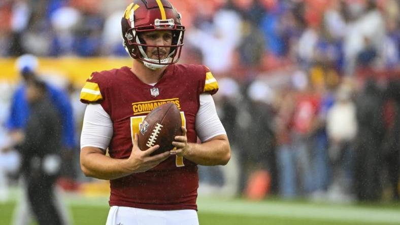 Sep 24, 2023; Landover, Maryland, USA; Washington Commanders long snapper Camaron Cheeseman (54) on the field before the game against the Buffalo Bills at FedExField. Mandatory Credit: Brad Mills-USA TODAY Sports