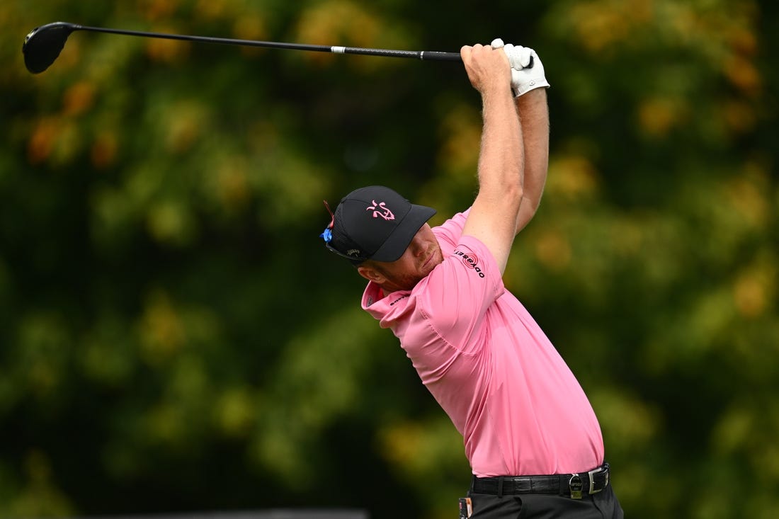 Sep 24, 2023; Sugar Grove, Illinois, USA; Talor Gooch tees off from the 2nd tee during the final round of the LIV Golf Chicago golf tournament at Rich Harvest Farms. Mandatory Credit: Jamie Sabau-USA TODAY Sports