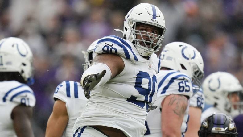 Sep 24, 2023; Baltimore, Maryland, USA; Indianapolis Colts defensive tackle Grover Stewart (90) reacts after the Indianapolis Colts score a field goal in the fourth quarter against the Baltimore Ravens at M&T Bank Stadium. Mandatory Credit: Brent Skeen-USA TODAY Sports