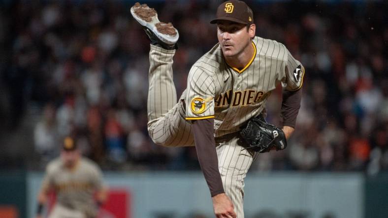 Sep 26, 2023; San Francisco, California, USA; San Diego Padres starting pitcher Seth Lugo (67) throws a pitch during the eighth inning against the San Francisco Giants at Oracle Park. Mandatory Credit: Ed Szczepanski-USA TODAY Sports