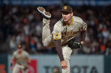 Sep 26, 2023; San Francisco, California, USA; San Diego Padres starting pitcher Seth Lugo (67) throws a pitch during the eighth inning against the San Francisco Giants at Oracle Park. Mandatory Credit: Ed Szczepanski-USA TODAY Sports