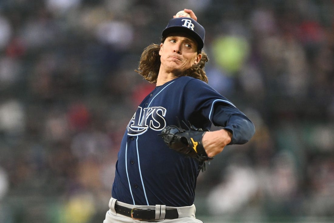 Sep 27, 2023; Boston, Massachusetts, USA; Tampa Bay Rays starting pitcher Tyler Glasnow (20) pitches against the Boston Red Sox during the first inning at Fenway Park. Mandatory Credit: Brian Fluharty-USA TODAY Sports