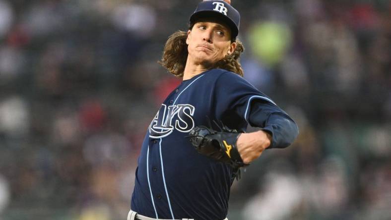 Sep 27, 2023; Boston, Massachusetts, USA; Tampa Bay Rays starting pitcher Tyler Glasnow (20) pitches against the Boston Red Sox during the first inning at Fenway Park. Mandatory Credit: Brian Fluharty-USA TODAY Sports