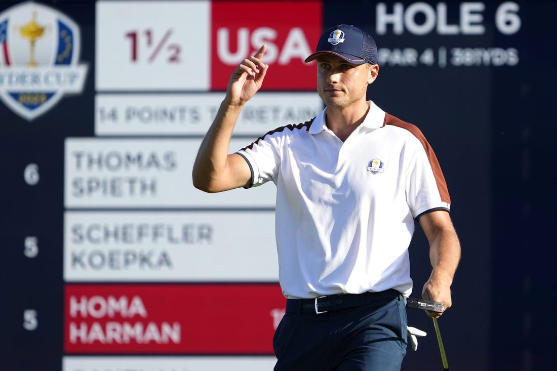 Sep 30, 2023; Rome, ITA; Team Europe golfer Ludvig Aberg reacts after a putt on the sixth green during day two foursomes round for the 44th Ryder Cup golf competition at Marco Simone Golf and Country Club. Mandatory Credit: Adam Cairns-USA TODAY Sports