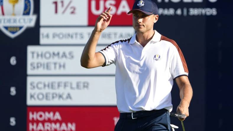 Sep 30, 2023; Rome, ITA; Team Europe golfer Ludvig Aberg reacts after a putt on the sixth green during day two foursomes round for the 44th Ryder Cup golf competition at Marco Simone Golf and Country Club. Mandatory Credit: Adam Cairns-USA TODAY Sports