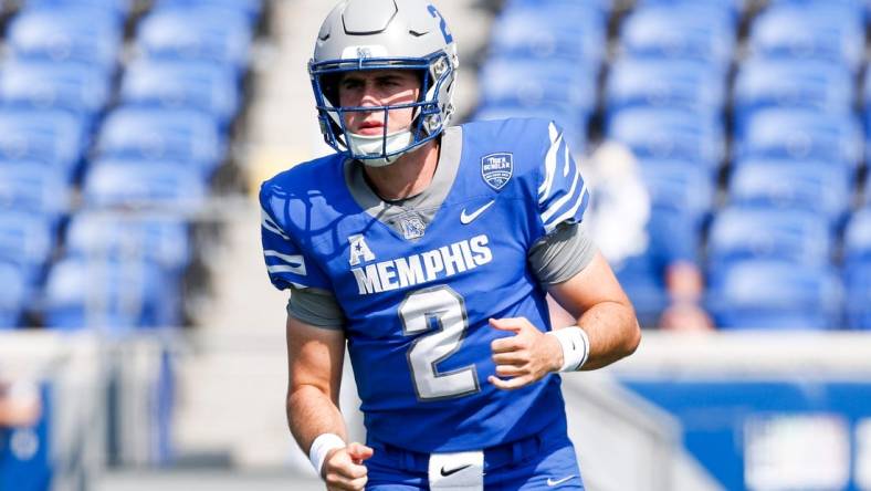 Tigers' Seth Henigan (2) warms up before the game between University of Memphis and Boise State University in Memphis, Tenn., on Saturday, September 30, 2023.