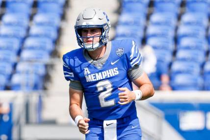 Tigers' Seth Henigan (2) warms up before the game between University of Memphis and Boise State University in Memphis, Tenn., on Saturday, September 30, 2023.