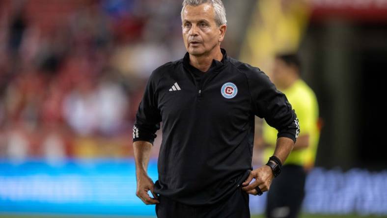 Sep 30, 2023; Harrison, New Jersey, USA; Chicago Fire head coach Frank Klopas looks on during the match against New York Red Bulls at Red Bull Arena. Mandatory Credit: Mark Smith-USA TODAY Sports