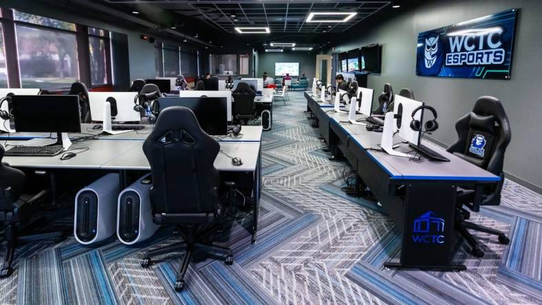 The Waukesha County Technical College in Pewaukee recently opened it's Esports gaming facility as seen on Friday, Sept. 29, 2023. The 1,800 square-foot lab features 18 fully equipped Alienware Aurora R15 gaming stations plus high-end streaming equipment, along with sophisticated headsets, mechanical keyboards and mice.