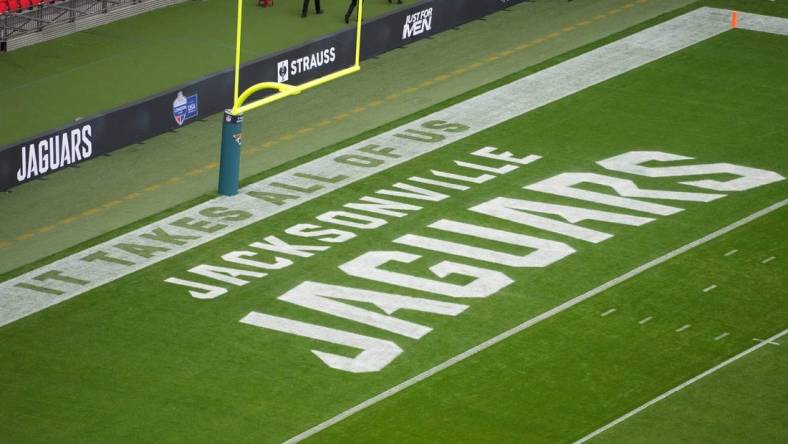 Oct 1, 2023; London, United Kingdom;The Jacksonville Jaguars logo in the end zone during an NFL International Series game at Wembley Stadium. Mandatory Credit: Kirby Lee-USA TODAY Sports