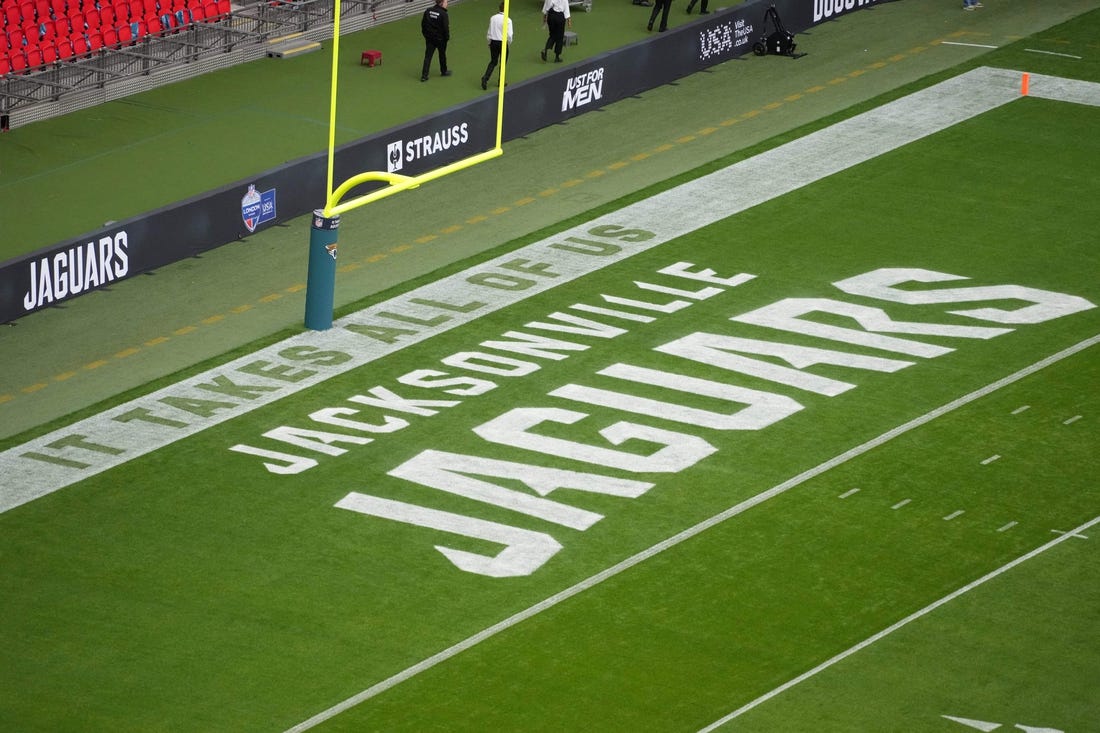 Oct 1, 2023; London, United Kingdom;The Jacksonville Jaguars logo in the end zone during an NFL International Series game at Wembley Stadium. Mandatory Credit: Kirby Lee-USA TODAY Sports