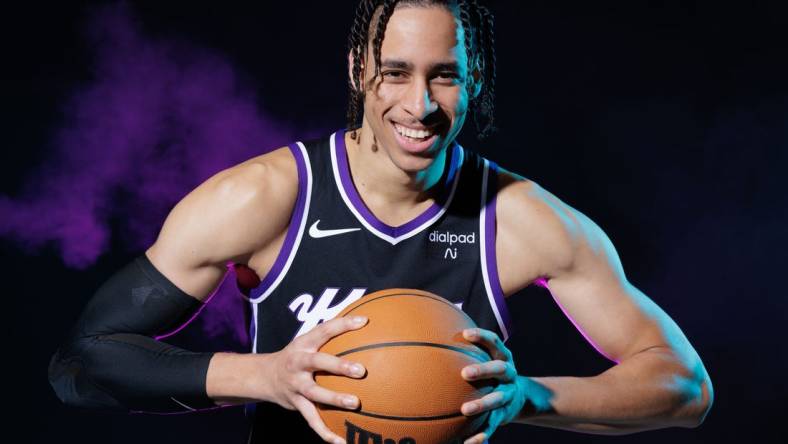 Oct 2, 2023; Sacramento, CA, USA; Sacramento Kings center Chance Comanche (22) poses for a photo during media day at Golden 1 Center. Mandatory Credit: Sergio Estrada-USA TODAY Sports