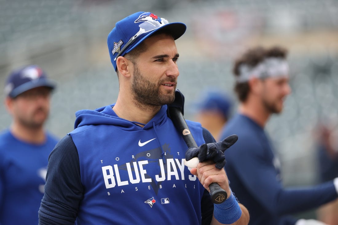 Oct 4, 2023; Minneapolis, Minnesota, USA; Toronto Blue Jays center fielder Kevin Kiermaier (39) looks on during batting practice before the game against the Minnesota Twins during game two of the Wildcard series for the 2023 MLB playoffs at Target Field. Mandatory Credit: Jesse Johnson-USA TODAY Sports