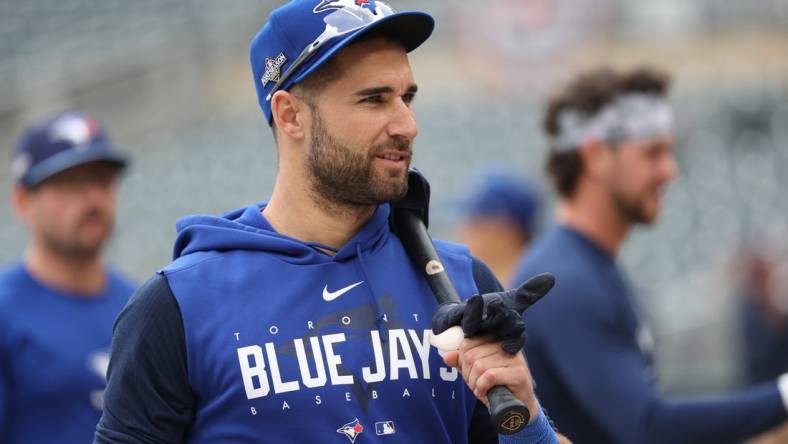 Oct 4, 2023; Minneapolis, Minnesota, USA; Toronto Blue Jays center fielder Kevin Kiermaier (39) looks on during batting practice before the game against the Minnesota Twins during game two of the Wildcard series for the 2023 MLB playoffs at Target Field. Mandatory Credit: Jesse Johnson-USA TODAY Sports